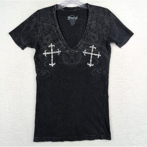Sinful Womens Small Silver Accent Gothic Graphic T Shirt Y2K Gray Made USA